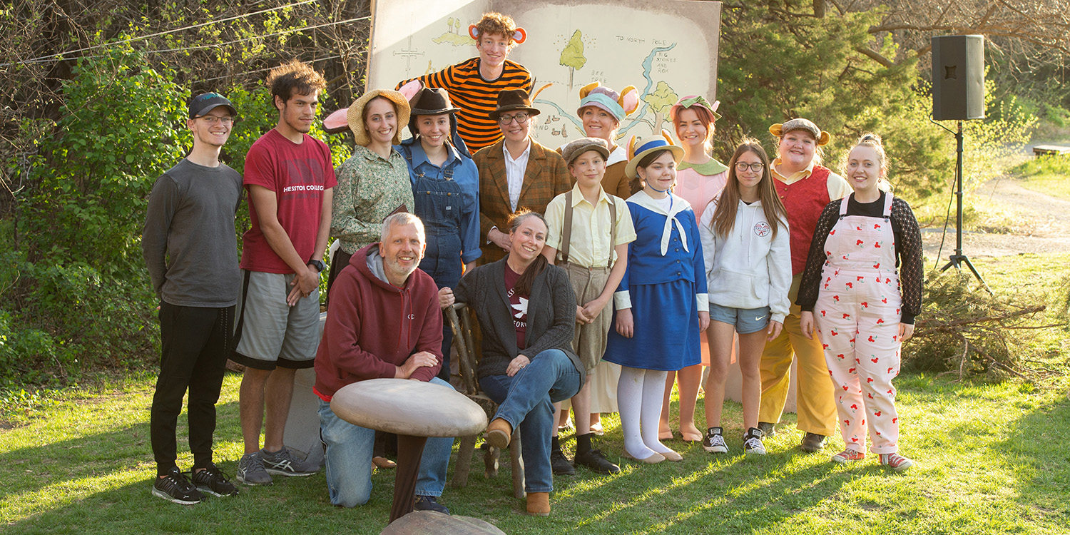 Cast and crew photo from the Hesston College Theatre production of The House at Pooh Corner, spring 2022