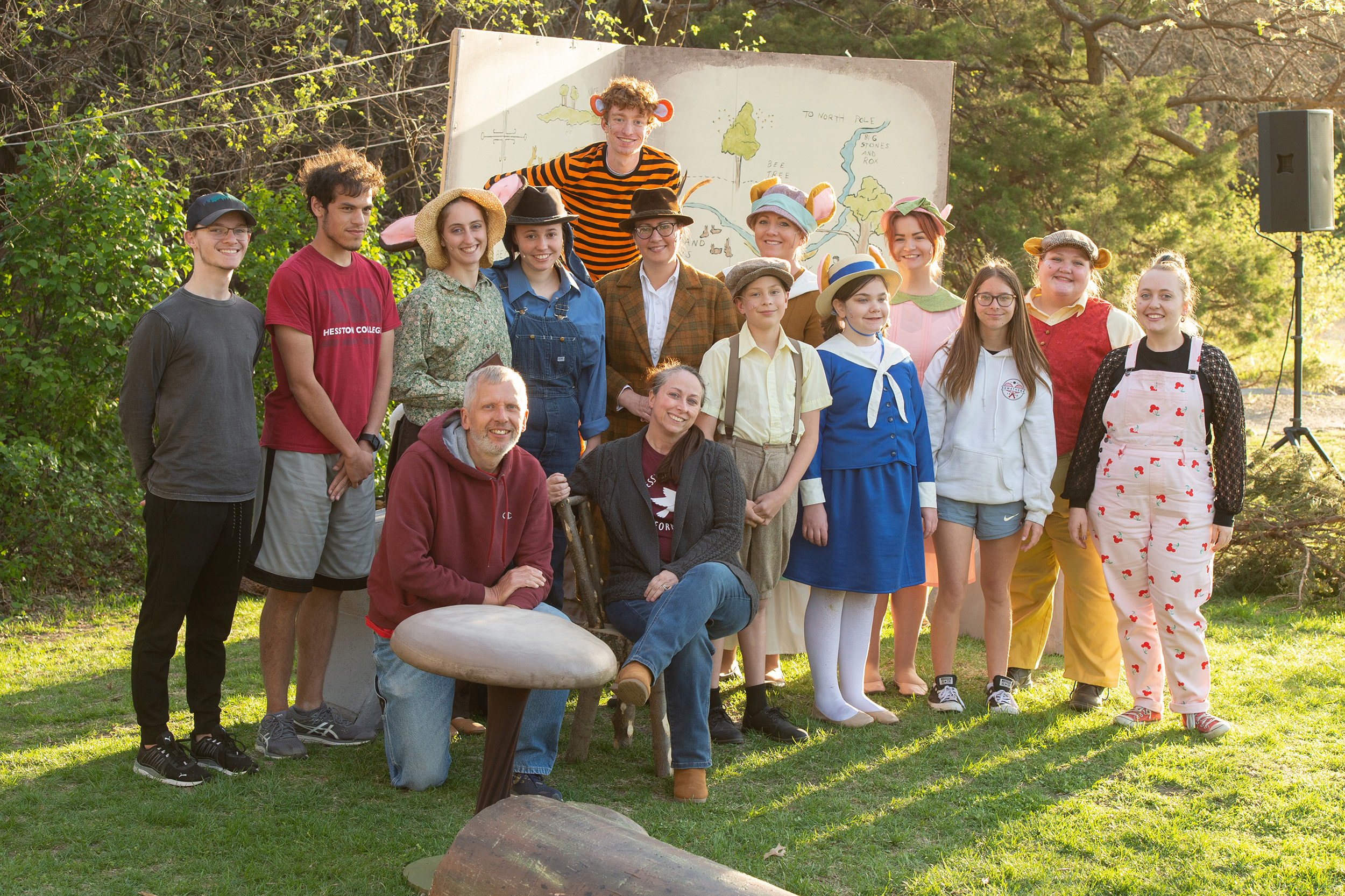 cast and crew photo - The House at Pooh Corner, Hesston College Theatre, spring 2022