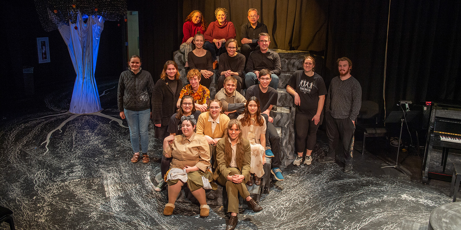 cast and crew photo from the Hesston College Theatre production of The Apple Tree, spring 2023