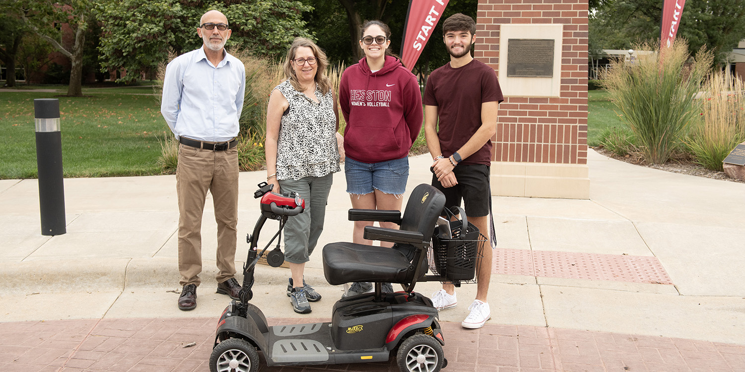 photo - Glenda (Shirk) ’83 Kauffman (second from left) with Hesston College engineering professor Sattar Ali and engineering students Tana Hayworth (Lincoln, Kan.) and Devin Miller (Hesston, Kan.)