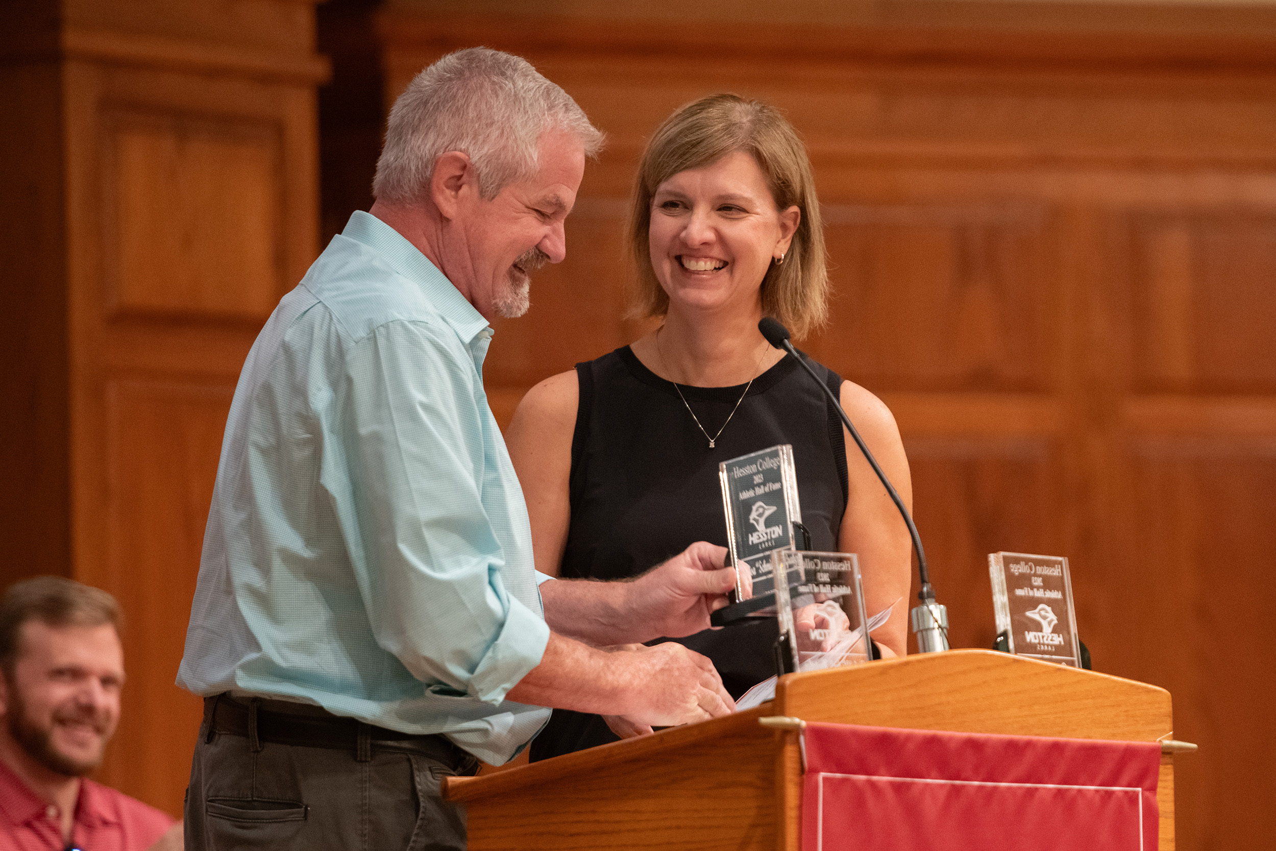 photo - Hesston College Homecoming 2023 - Athletics Hall of Fame induction ceremony - Joel Kauffman and Lisa Schmidt