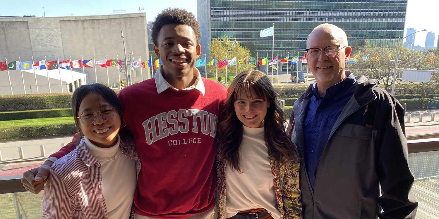 photo - 2023 MCC-UN seminar participants Jessica Raharjo, Larry Ruffin and Rylee Weishaupt with advisor John Murray