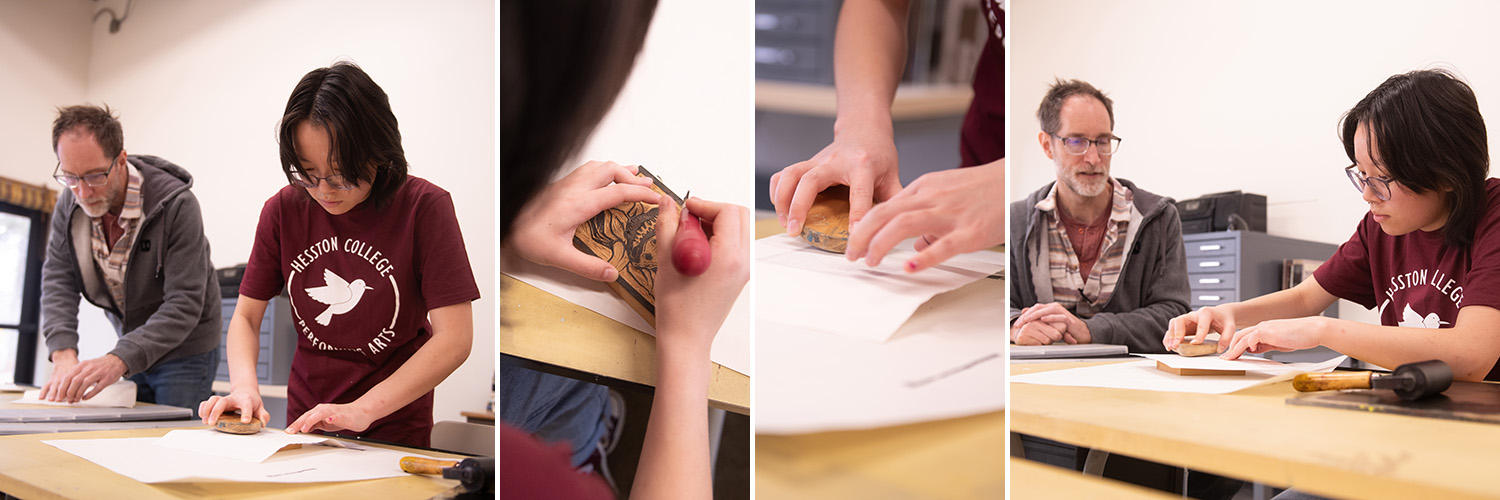 collage of printmaking process photos with art prof Josh Cross and freshman Jamie Krehbiel