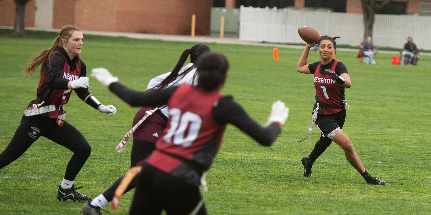 Flag football action photo - Kaley Phillips and the Larks vs Fort Scott CC