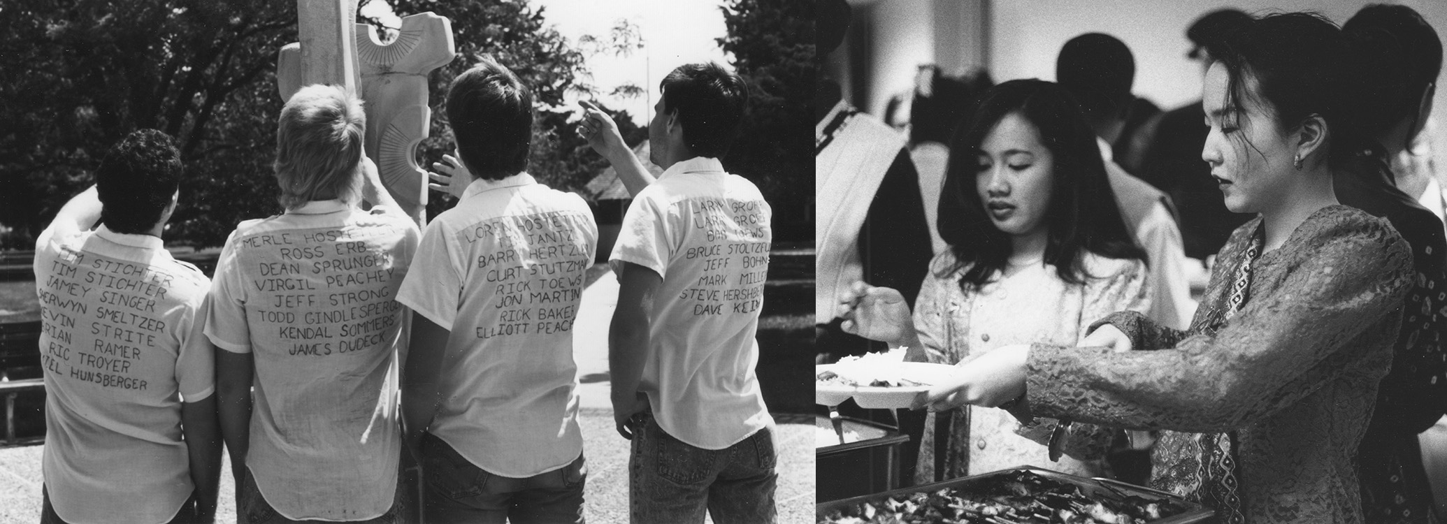 Two photos: Eighth generation Bills: Dan Hunsberger ’88, James Dudeck ’88, Elliott Peachey ’88 and Dave Keim ’88; and Students serve food from their home countries at the International Festival