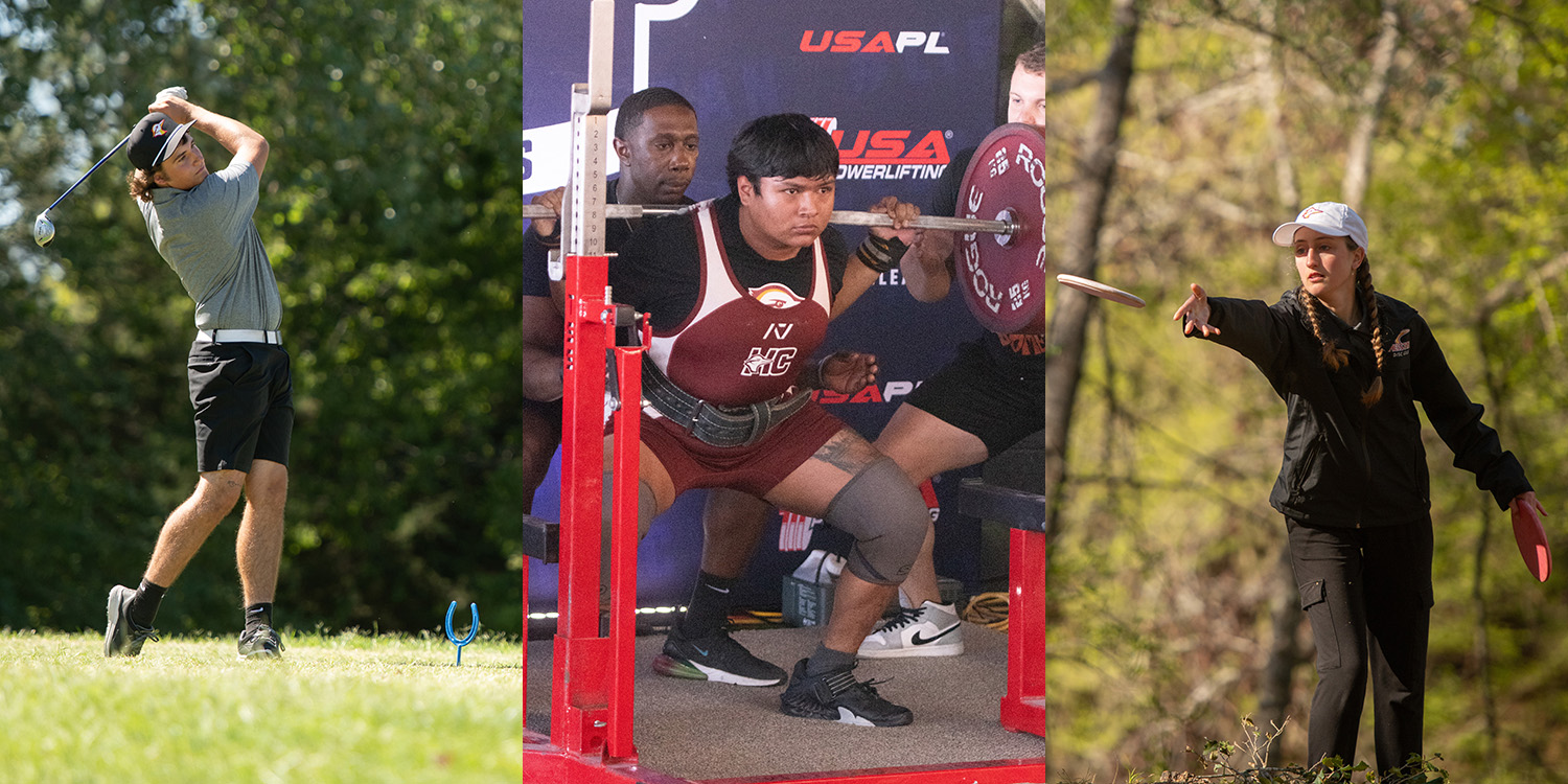 Action photos of golf, power lifting and disc golf